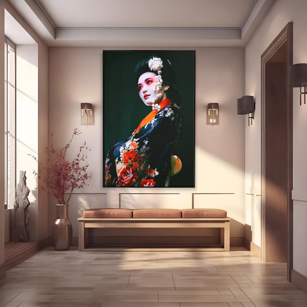 Tablou canvas cu tablou portret gheisa japoneza, in rama de aluminiu negru